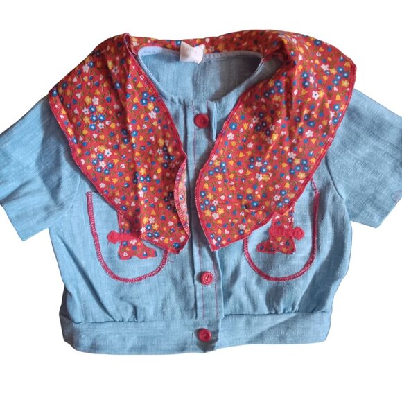 5T Vintage Girls Cowgirl Top Embroidered Boot Pockets Neck Bandana Tie 1970's - Picture 1 of 6